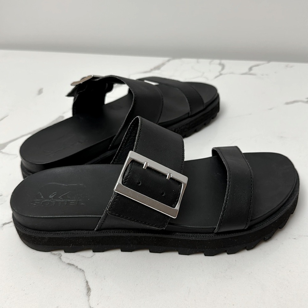Sorel Roaming Leather Platform Sandals Black